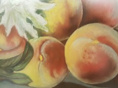 Antique 1908 oil pastel painting peaches flowers framed signed Mary Brower