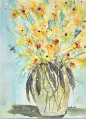 Original Signed Watercolor. 9 x 12″ matted to 12×16.Yellow. Turquoise.Bouquet.