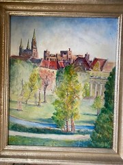 Oil Painting Undeutl. Sign Domtürme above The Roofs the City Munich Top
