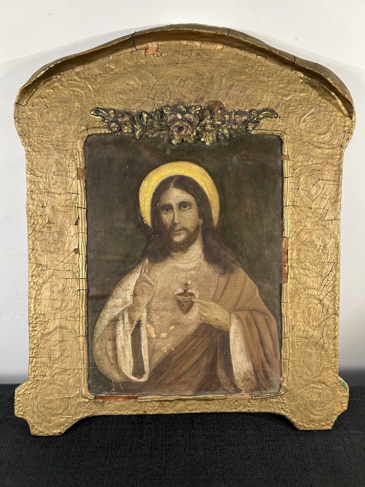Antique Sacred Heart of Jesus Painting on Paper/Canvas Laid on Wood Gilt Frame