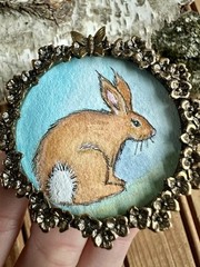 Original Art Watercolor Painting Small Pewter Frame Bunny Rabbit Illustration