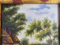 Framed Vintage American Cottage Ducks On Water Landscape Oil On Board Painting