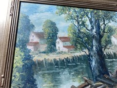 Cesare A. Ricciardi (1892 – 1973) „Canal Landscape With Homes“ Oil Painting