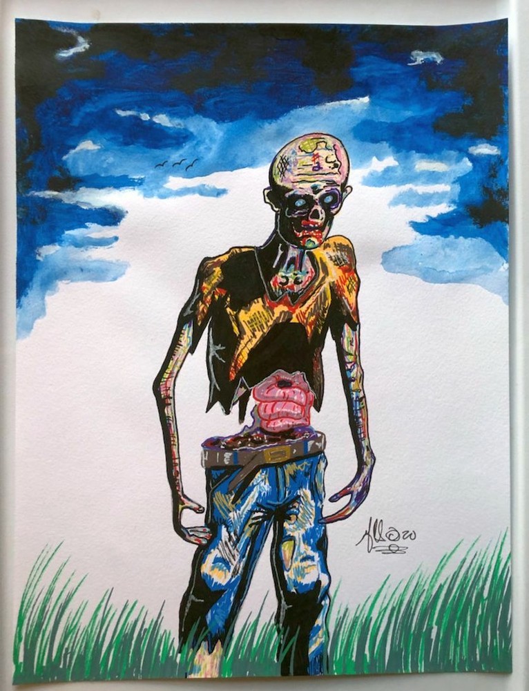 SCRIBBLE TWO ZOMBIE ORIGINAL GEORGE SILLIMAN ACRYLIC PAINT PENS PAINTING HORROR