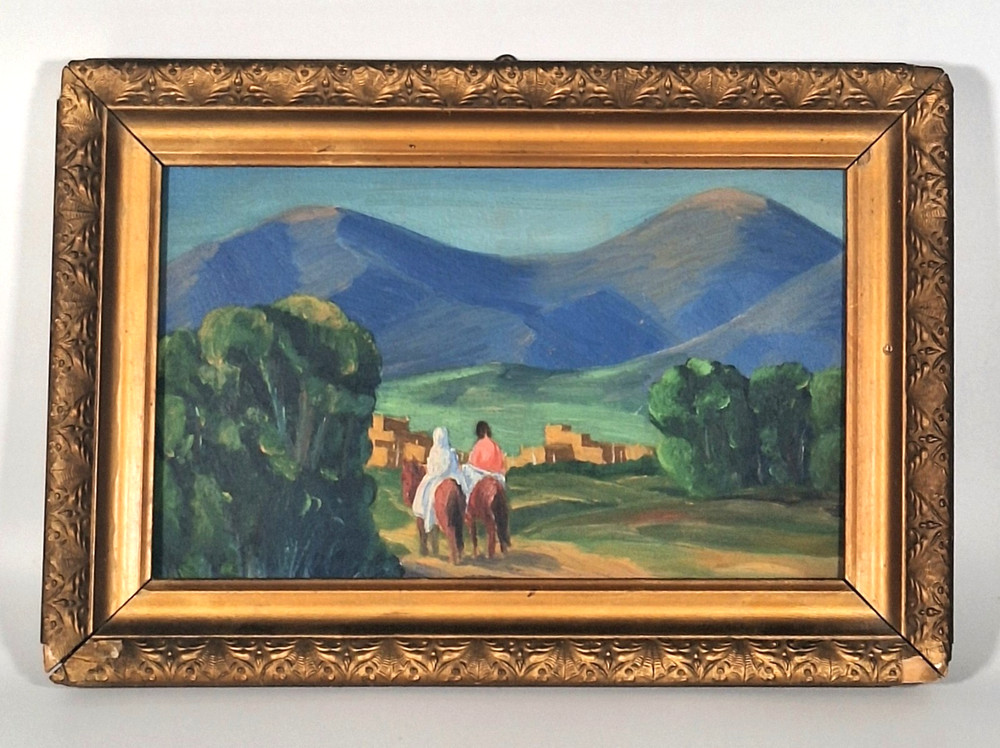 Albert Looking Elk Original Taos Pueblo Oil Painting SKETCH & SIGNED ON BACK