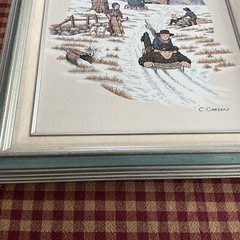 Framed Serigraph on Canvas Signed C. Carson Amish Winter Snow Sledding 16 x 12