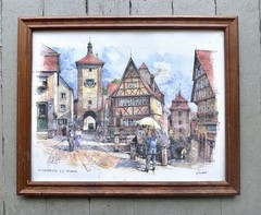 Detlev Nitschke Original Watercolor Bavarian Town, German Artist Signed & Framed