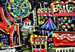 ORIGINAL ACEO Painting CARNIVAL Fair Amusement Park Fireworks Rides Fun ATC ART