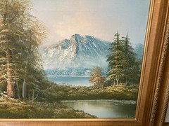 Oil On Canvas Mountain/Lake Landscape Painting With Gold Frame 12 X 16/ 18 X 22