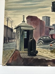 Antique Wpa Painting Cityscape American Street Car Urban Regionalism Industrial