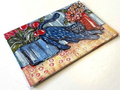 Original acrylic black kitty cat and flower painting, 7 x 5, whimsical art, OOAK