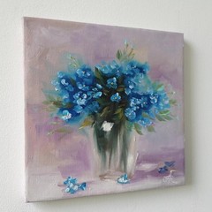 Blue Floral Bouquet Original Oil Painting Impressionist Still Life Wall Decor