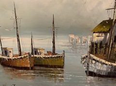 Ships in A Harbor Fishing Boats Original Oil Painting  by W. Jones Signed 24x 36