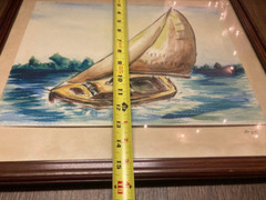MCM Painting Signed Bryan ’53 Sail Boat Original Nautical Art in Wooden Frame