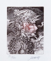 Unique Etching by Josef Dudek „Giuseppe Arcimboldo and Birds“,Aquatint, 1998