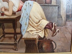 Antique 19C P Desalos Genre Family at Table O/C Painting