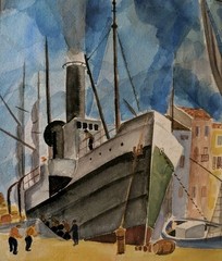 1924 C. Bertram Hartman Painting SHIPYARD Sailing Ship Watercolor 15 X 21 Frame