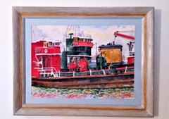 John Drake British Tugboat Harbor Scene Watercolor Framed