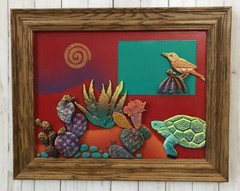 Original Multi Media Southwest Desert Art Painting Cactus Tortoise Signed
