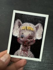ACEO original hand painted Rushton Bunny Horror oil paint art card 2.5”x3.5”