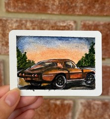 Classic Sports Car Watercolor ACEO Original Miniature Painting Elbeeart