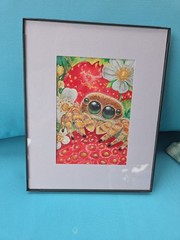 Original 5×7 Strawberry Jump Spider OOAK Gouache Pigment Painting Debra Tucker