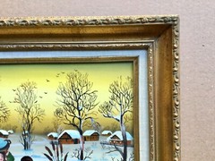 Great primitive Eastern European painting By Edith Simon on Masonite Board.