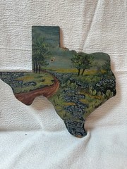 VTG Hand Painted Wood Texas Shaped Folk Art Plaque Bluebonnet Landscape Tramp