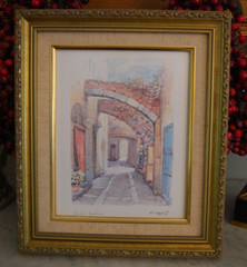 FRAMED SIGNED COLOR PRINT FLOWERED ITALIAN ANTIQUE STONE ALLEY WAY ARTIST F NERI