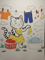 Original Whimsical Painting 6×9 Inches, Whimsical Animals, Cat Doing Laundry GAT