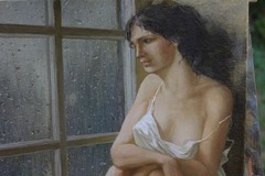 Original Oil Painting Female Figure Woman by Rainy Window Impressionist Art