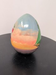 Hand Painted Seascape Ship Lighthouse Nautical Wooden Egg 3.5″h L Signed