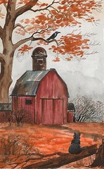 PRINT OF PAINTING VINTAGE HALLOWEEN STYLE ART RYTA CROW BLACK CAT RED BARN Folk