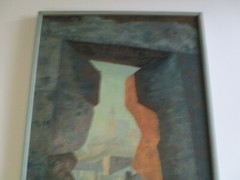 MODERNIST COMPOSITION 40 INCHES OIL ON CANVAS CITY VIEW THROUGH HOLE WINDOW MOD