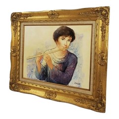 Charles Lanier Oil Painting Young Lady Playing Flute 1967 Ornate Frame Vintage