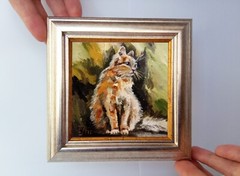 Ginger cat 4×4 inches Mini oil painting framed on stand read