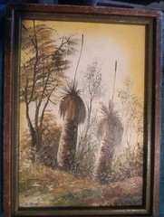 VINTAGE JOHN DIMECH ACRYLIC PAINTING on HARDBOARD AUSTRALIAN OUTBACK GRASS TREES