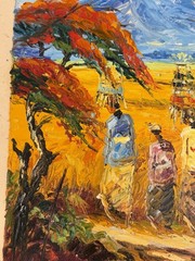 Haitian Folk Art Oil Painting on Cloth SIGNED S.Toma 12×12 Landscape Daily Life