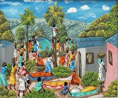 Original Art Painting Tropical Village Market Scene by R Alaby Folk Art Haiti