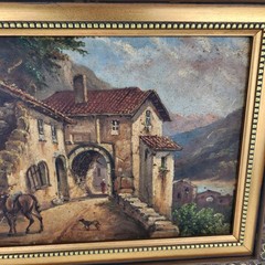 Vintage Original Oil Painting Framed Rustic Village Scene Man Donkey Dog