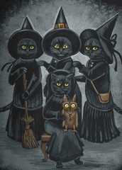 8×10 PRINT OF PAINTING HALLOWEEN RYTA BLACK CAT WITCH Vintage Style Art Salem 🍁