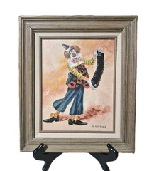 Vintage Signed Clown Painting Accordion Mid-Century Folk Art Framed Canvas