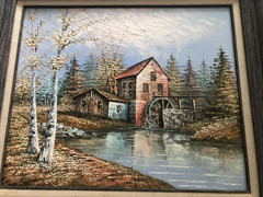 Vintage oil on canvas watermill signed W Jones in distressed style frame 27×31