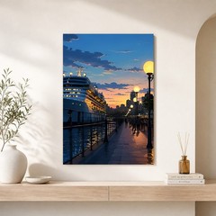 Cruise Ship Sunset Canvas Wall Art Harbor City Travel Decor Print Framed 8*12in
