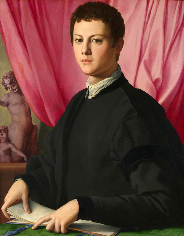Oil painting agnolo bronzino – portrait of a young man & pink Curtain background