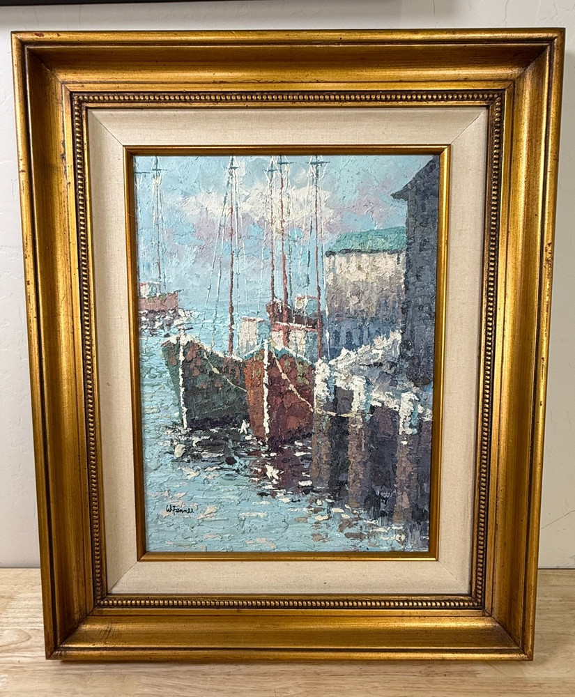 Walter Leslie Fenner Oil Painting Vtg Mid Century Impressionist Boats Harbor