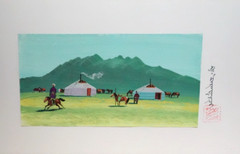 MONGOLIAN YURTS HORSE NOMAD CAMP ORIGINAL WATERCOLOR ON PAPER PAINTING SIGNED