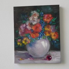 Vibrant Floral Bouquet Original Oil Painting White Vase Still Life Wall Decor