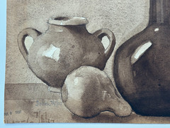 DOHAN ANTIQUE 1937 ORIGINAL ART WATERCOLOR PAINTING POTTERY SQUASH POT BOTTLE