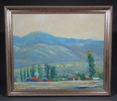 Painting Oil on Canvas, Landscape with Farms and Mountains, Signed